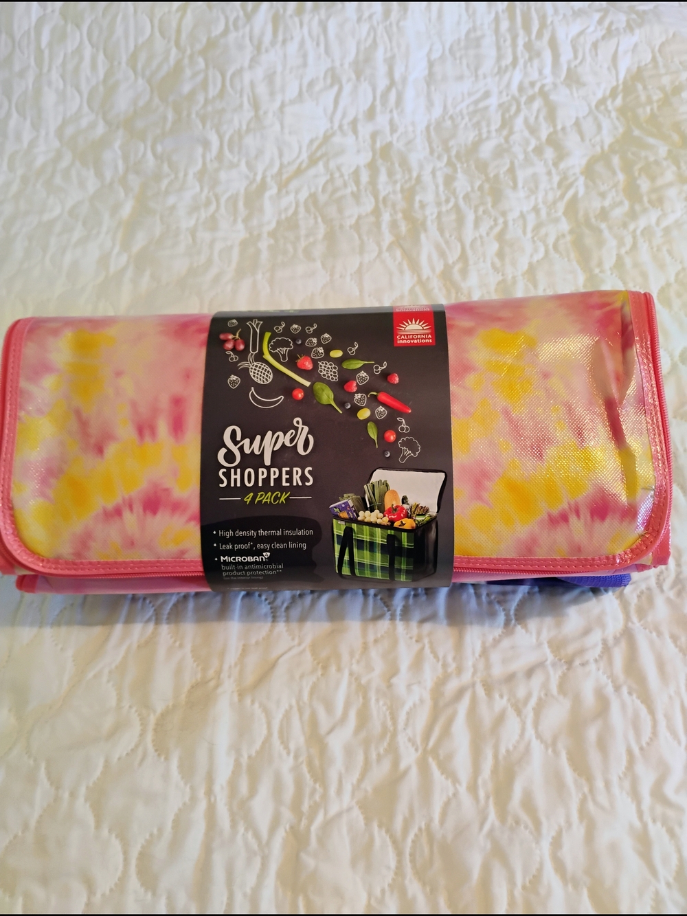 Super Shoppers Tie-Dye Insulated Grocery Totes - 4-pack Each 7.4gal